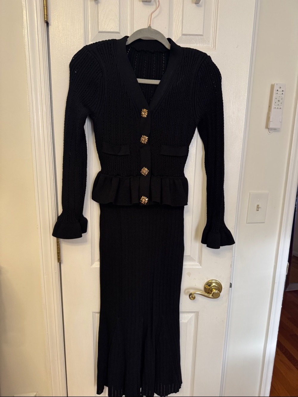 Black Peplum Midi Dress with Gold Buttons - Women Dresses Midi
